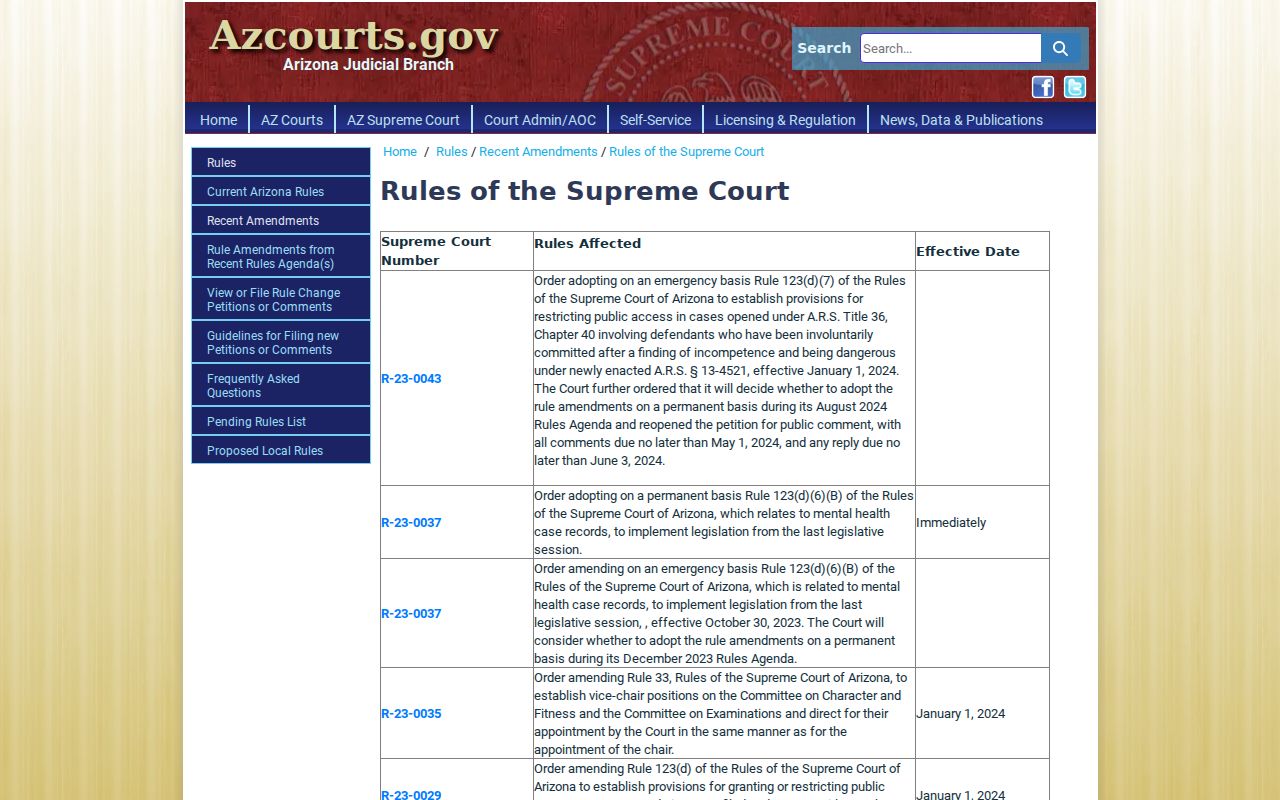 Coconino County court calendar Arizona Supreme Court rule amendments page