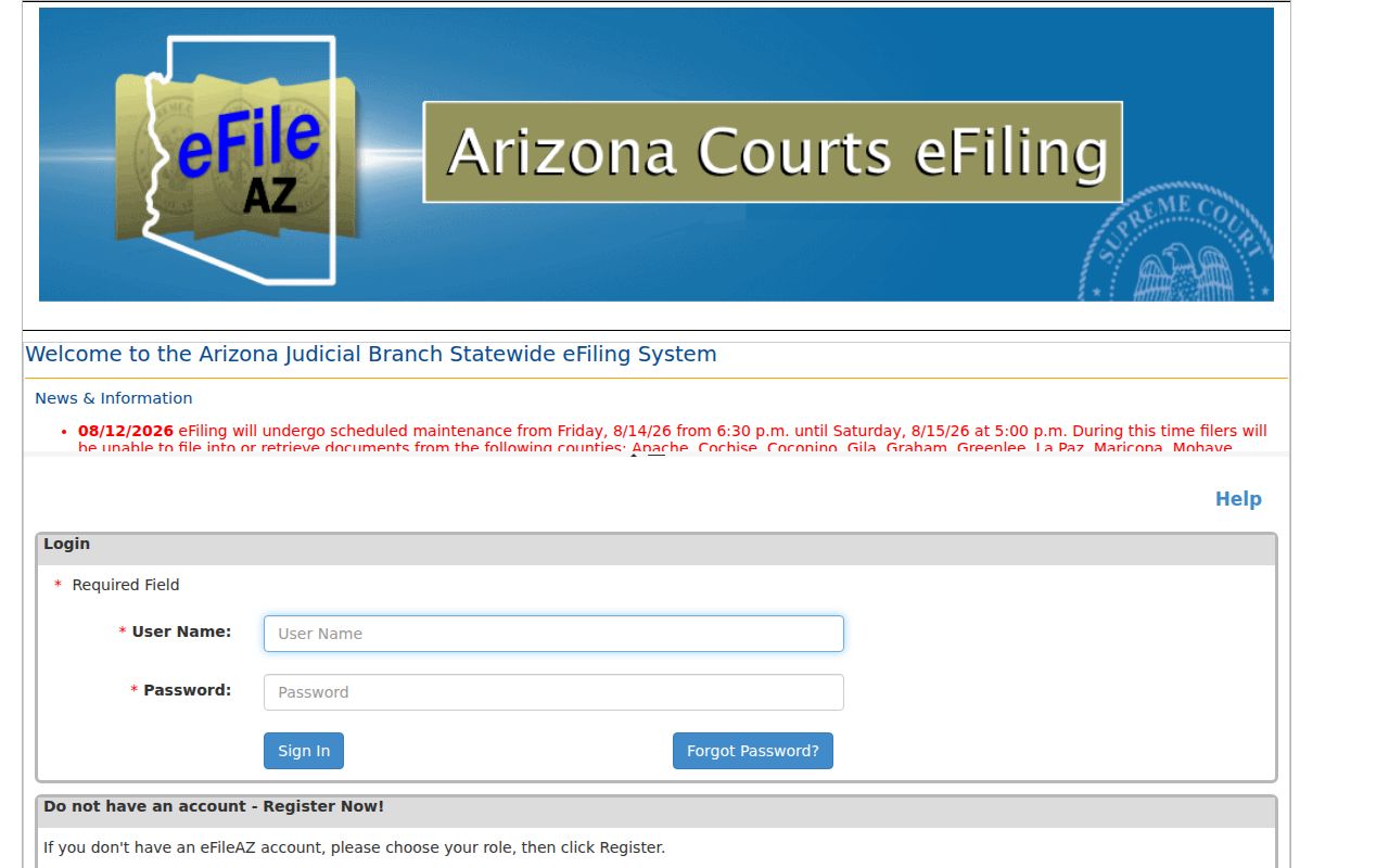Coconino County docket search eFileAZ application